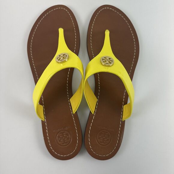 Tory Burch Cameron Thong Sandal Yellow Patent Leather Flat Slip On Womens 10 - Picture 7 of 13